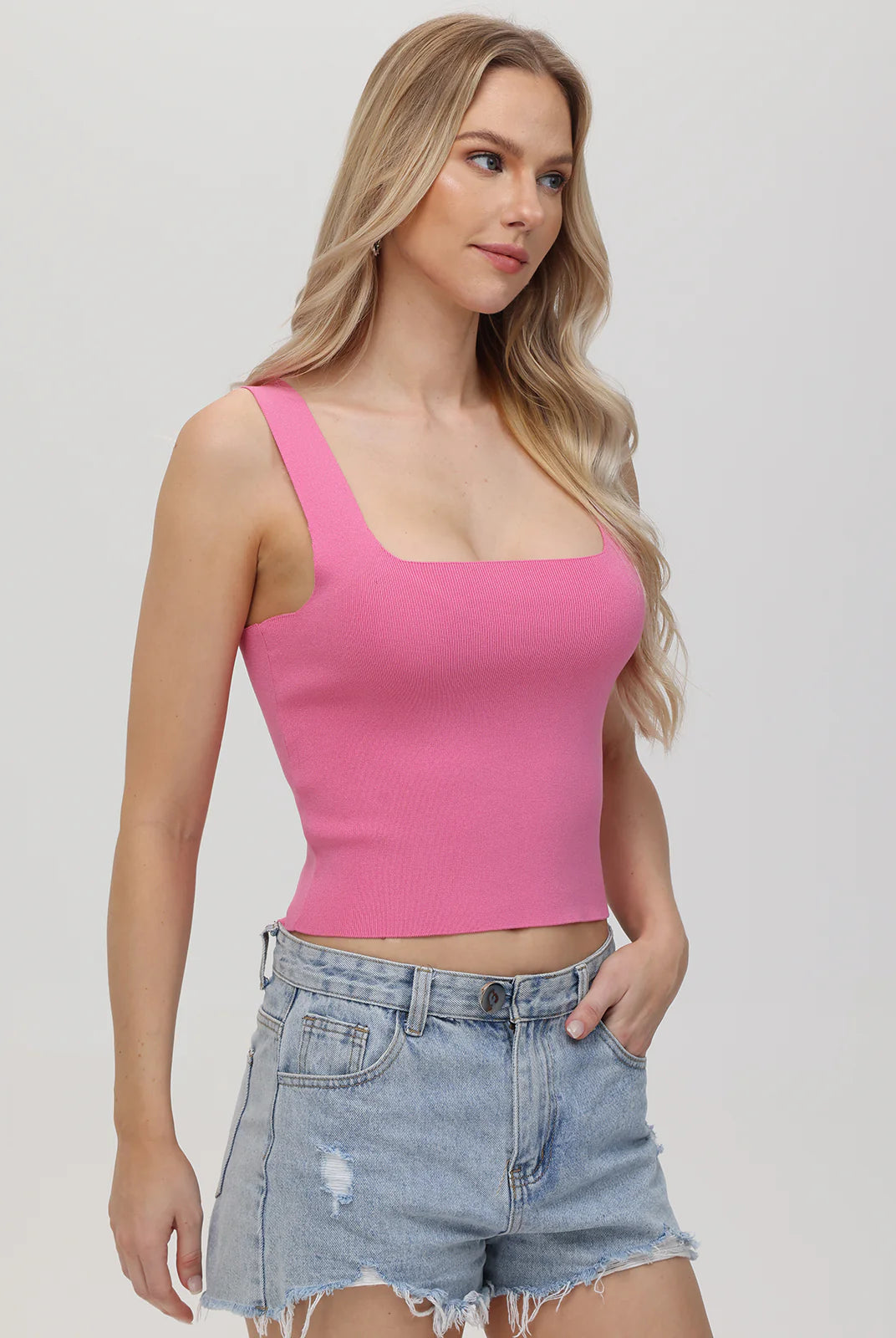 Eva Square Neck Tank - Shocking Pink by 525 America — view 3