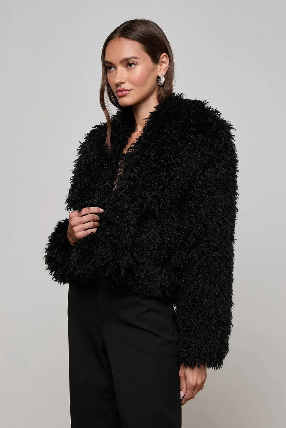 Aura Cropped Faux Fur Jacket - Black by L'agence — view 3