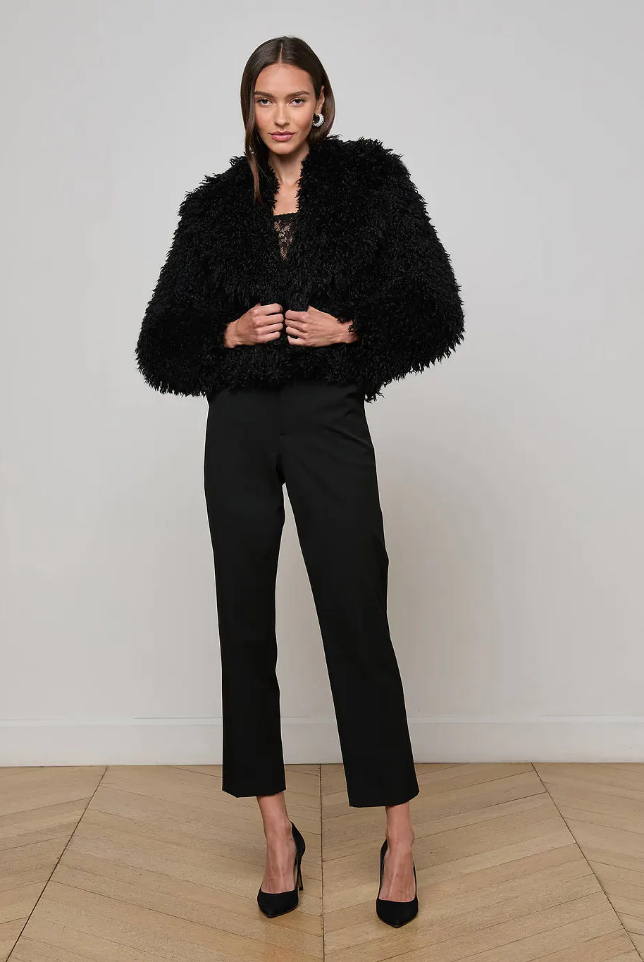 Aura Cropped Faux Fur Jacket - Black by L'agence — alternate view