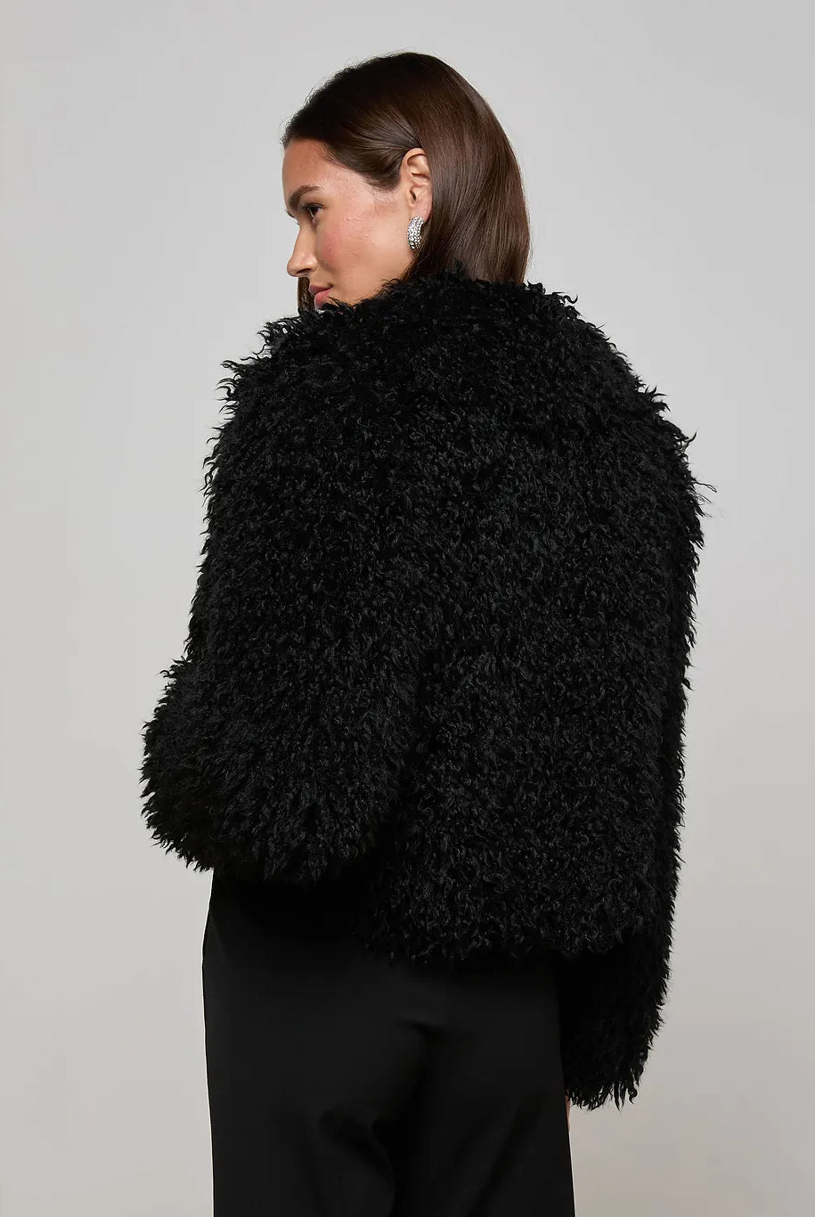 Aura Cropped Faux Fur Jacket - Black by L'agence — view 4