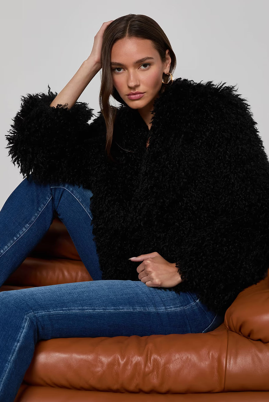 Aura Cropped Faux Fur Jacket - Black by L'agence — view 5