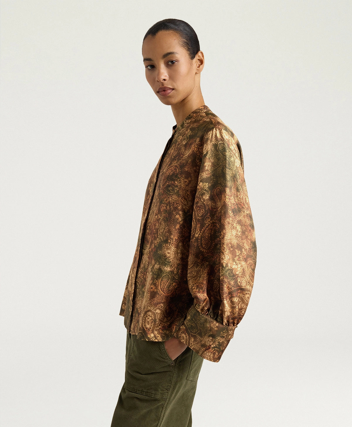 Momonì Lucy Printed Pure Silk Twill Shirt - Military Sand, view 4
