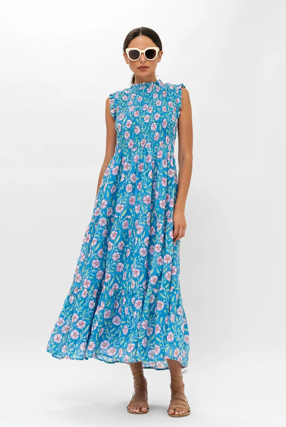 Sleeveless Smocked Maxi Dress - Amalfi Blue by Oliphant — view 3