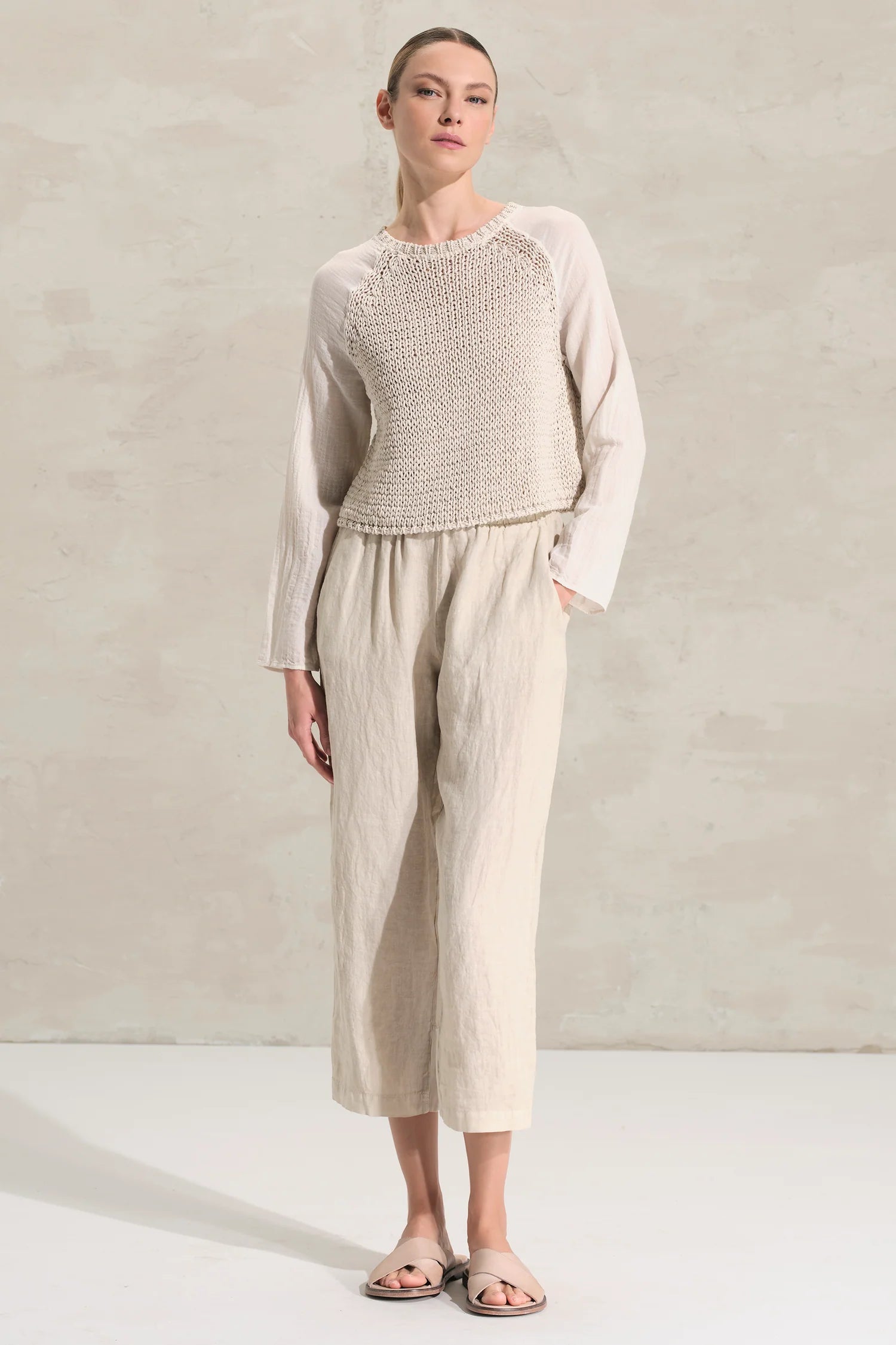 Cotton Ribbon Knit Muslin Sleeve Sweater - Sand by Transit Par-Such — alternate view