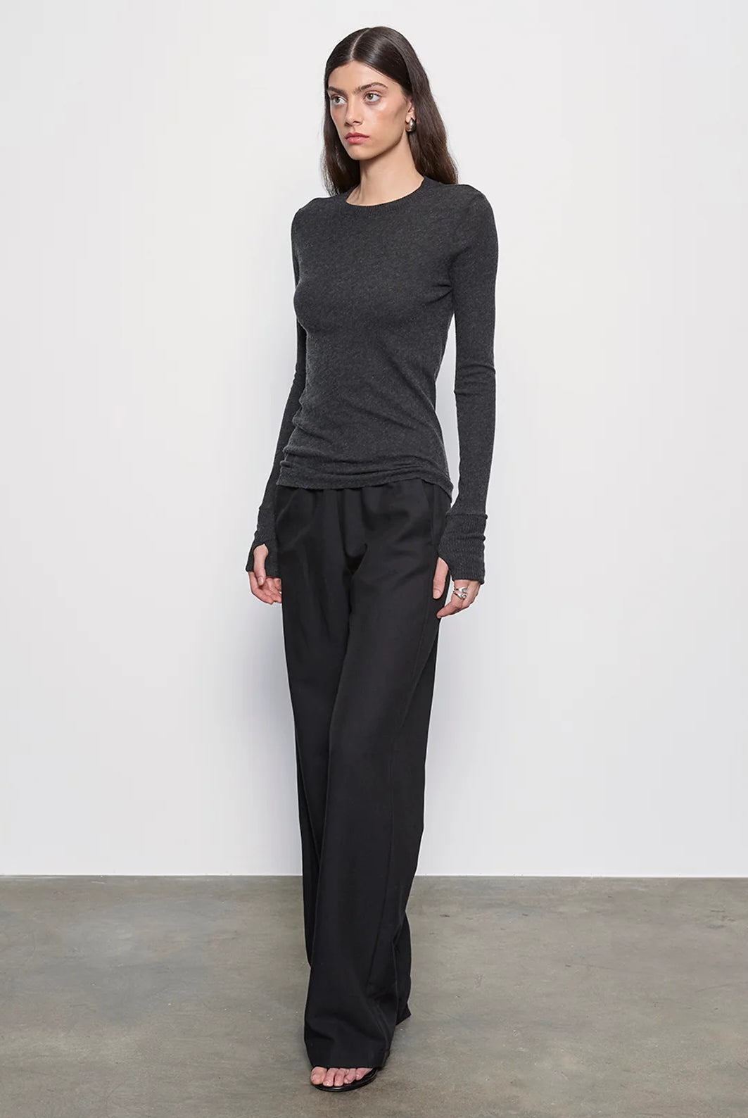 Cashmere Easy Cuffed Crew - Charcoal by Enza Costa — view 3