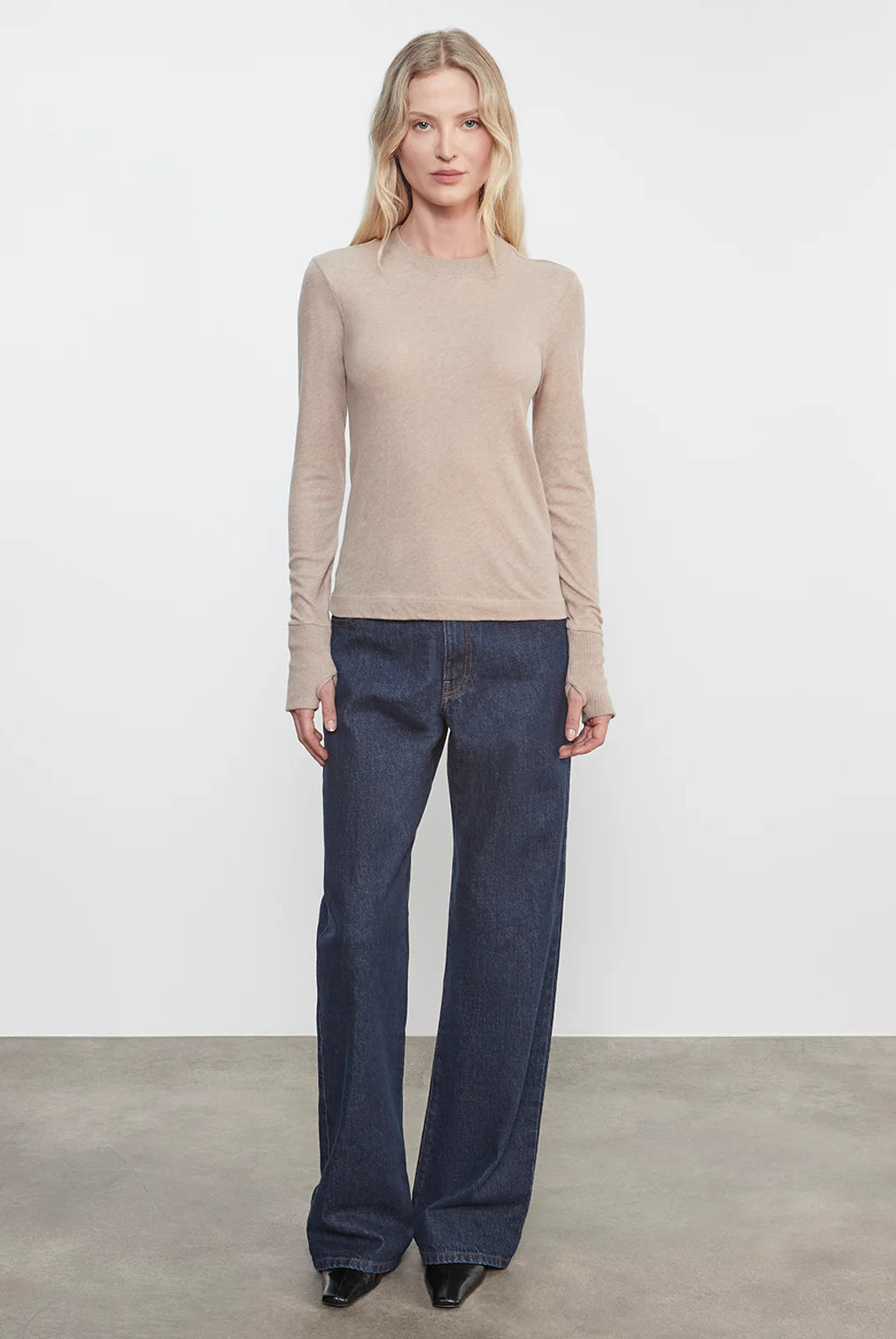 Cashmere Easy Cuffed Crew - Khaki by Enza Costa — alternate view