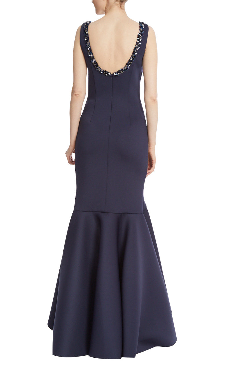 Ruffled Trumpet Evening Gown with Beaded Neckline - Navy by Badgley Mischka — view 3