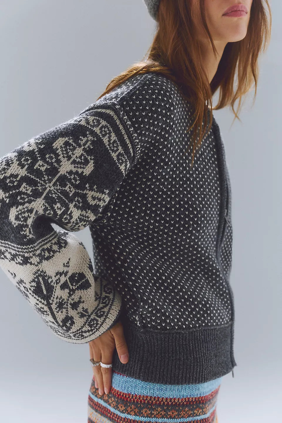 Isle Tide Knit Zip-Up - Charcoal Combo by Free People — alternate view