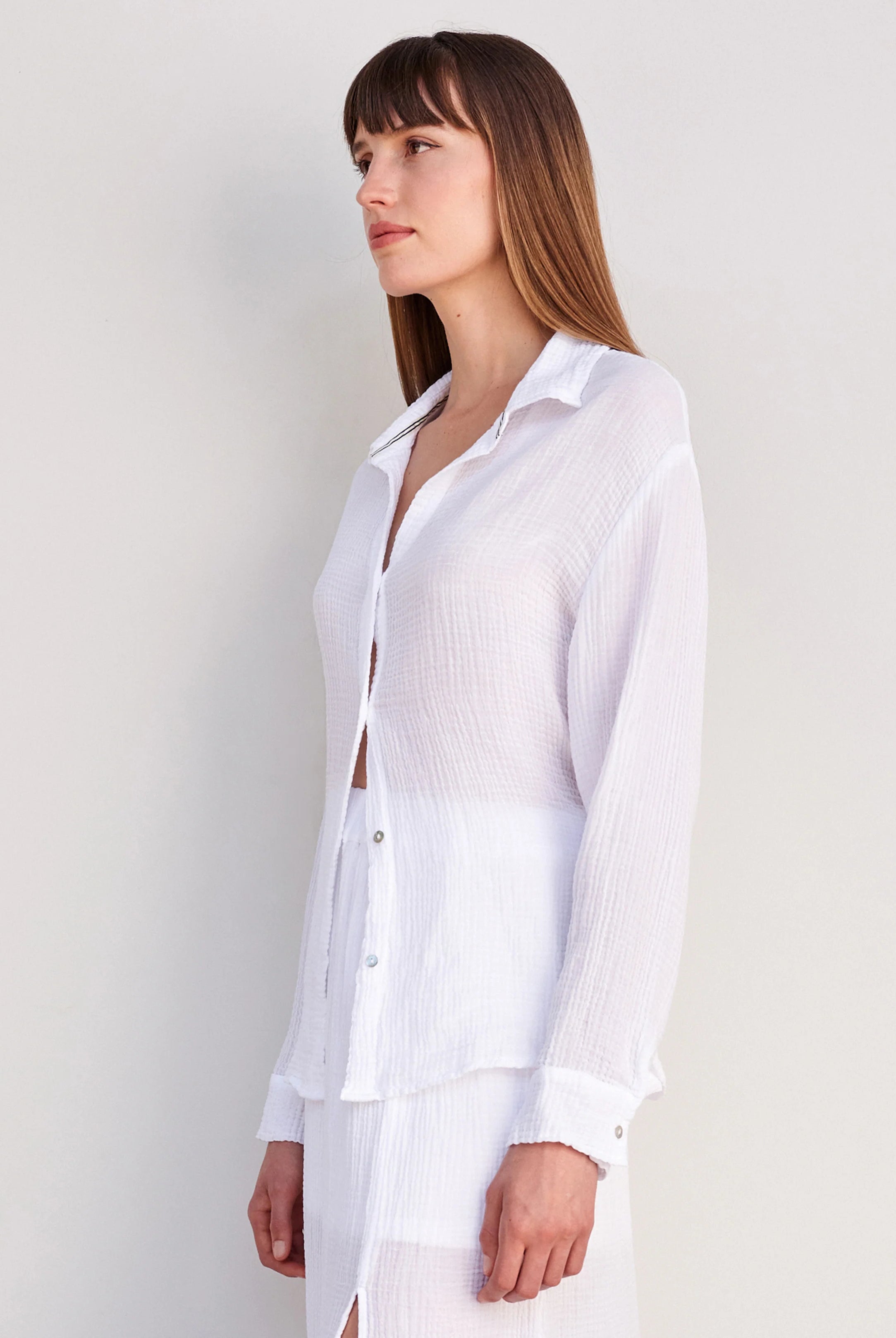 Long Sleeve Gauze Button Down - White by Sundry — alternate view