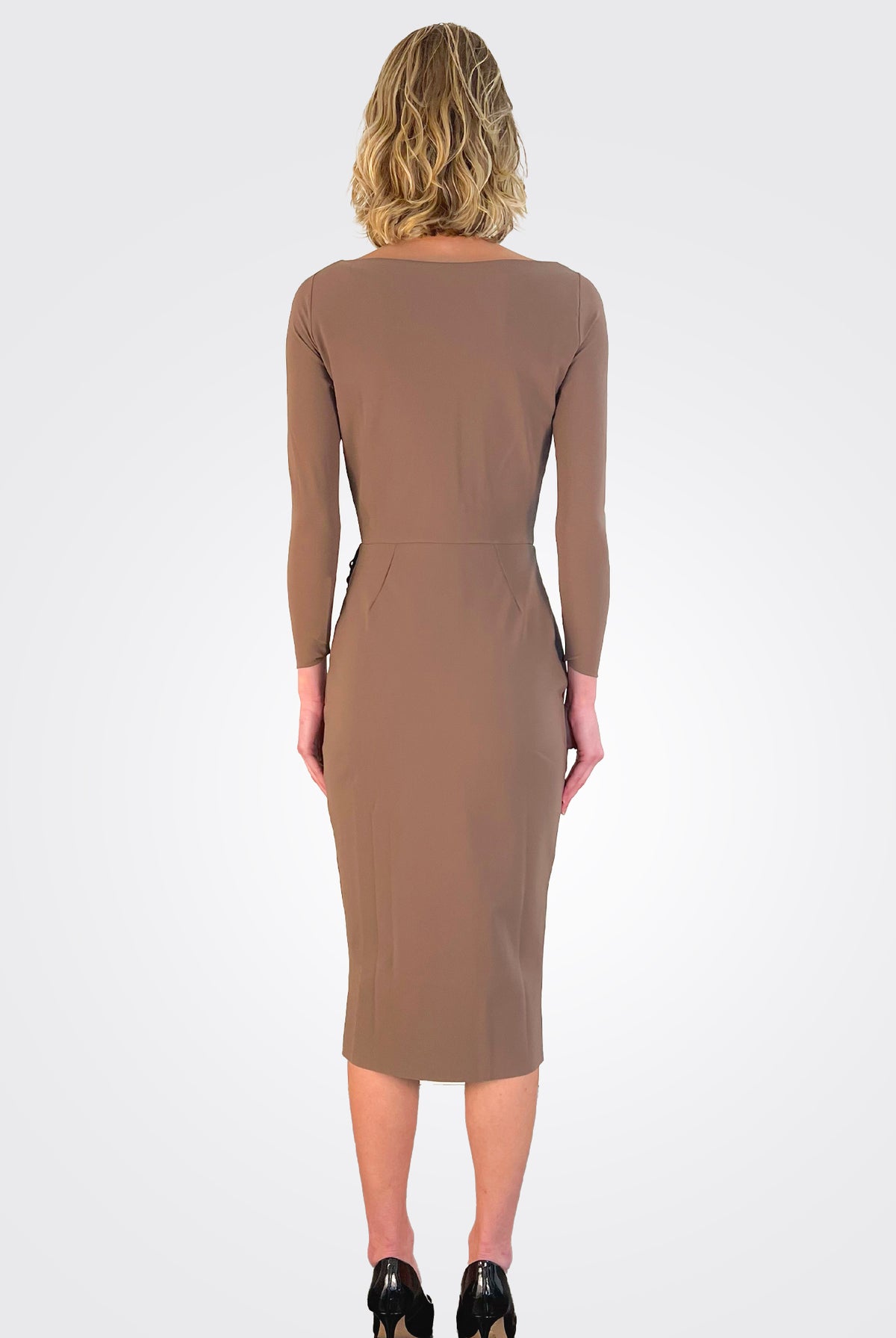 Elma Long Sleeve Faux Wrap Cocktail Dress - Cafe Au Lait by Chiara Boni — view 3