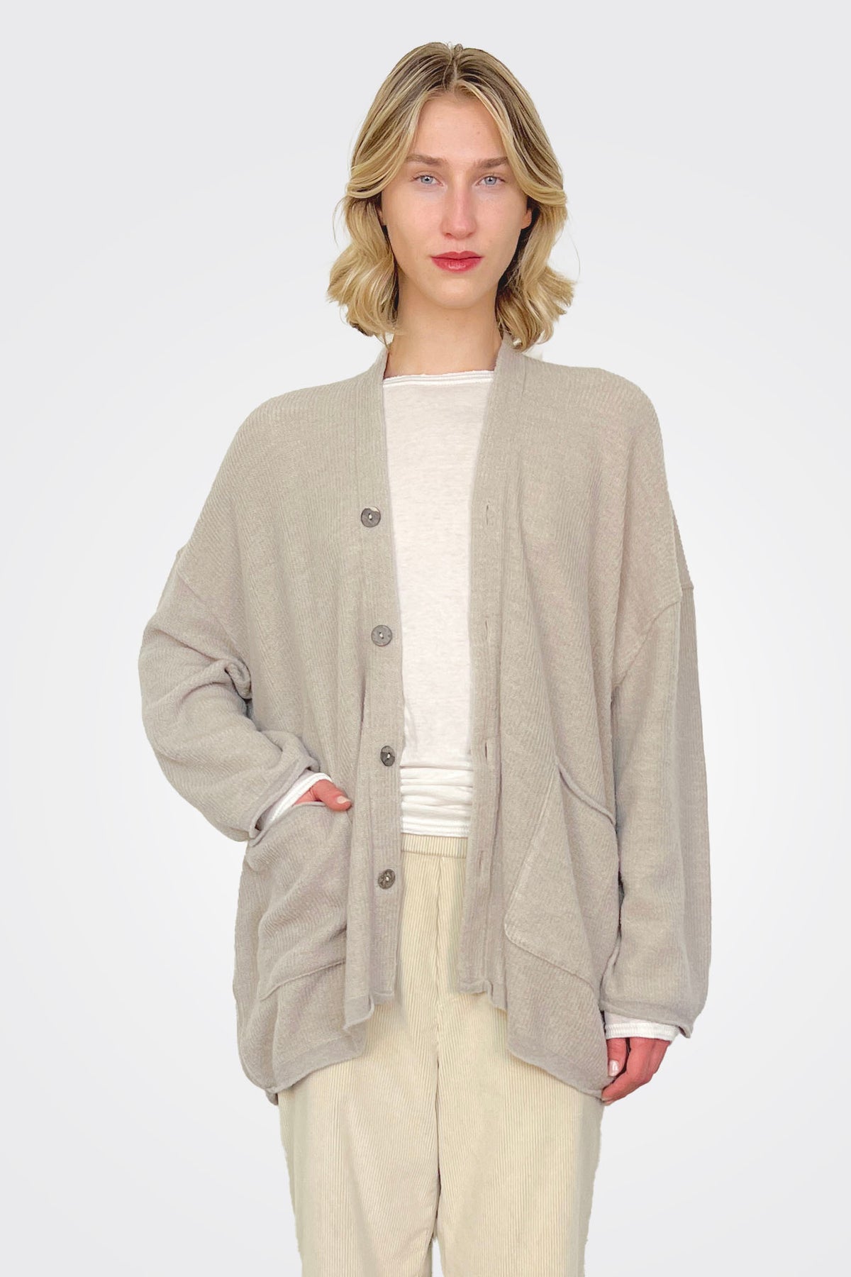 Fine Boucle Knit Cardigan - Greige by Pas de Calais — alternate view