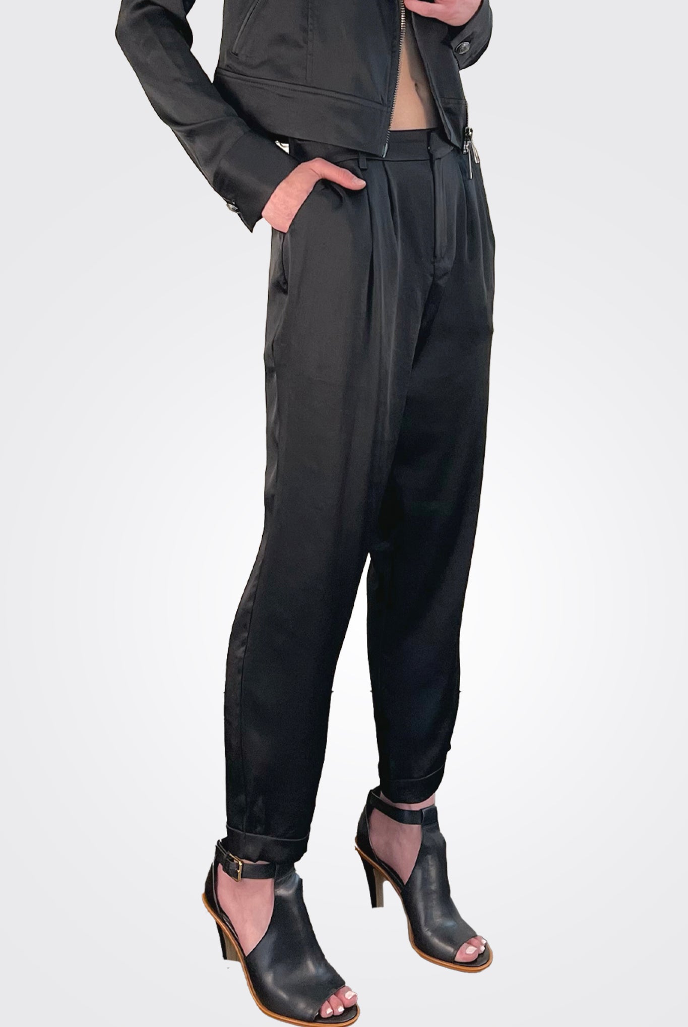 Madelyn Cuffed Crop Satin Pants - Black by Ramy Brook — view 5