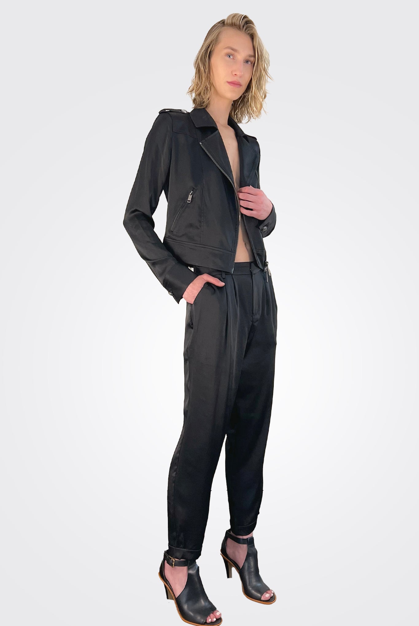Madelyn Cuffed Crop Satin Pants - Black by Ramy Brook — alternate view