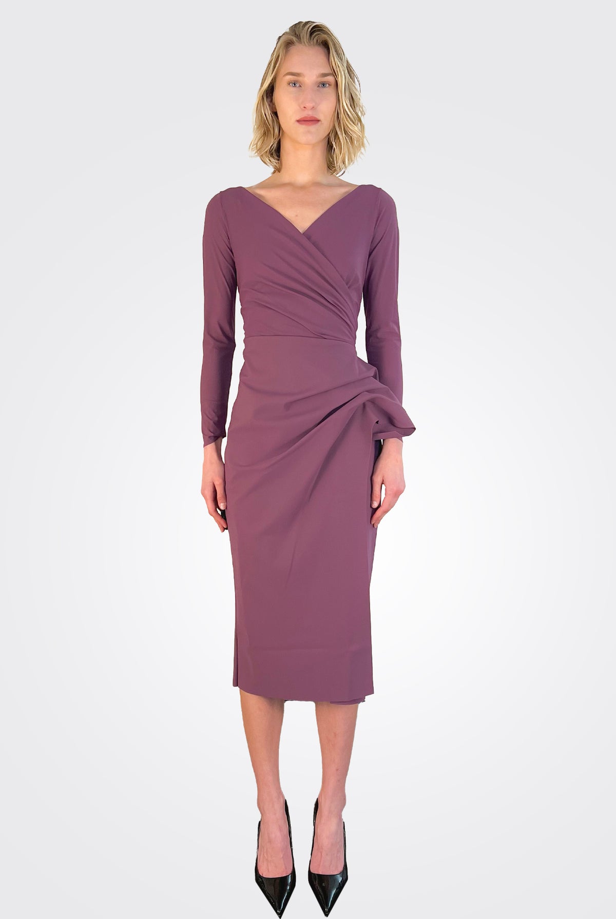 Agna Ruched Ruffle Sheath Dress - Plum by Chiara Boni | 25 South Boutiques