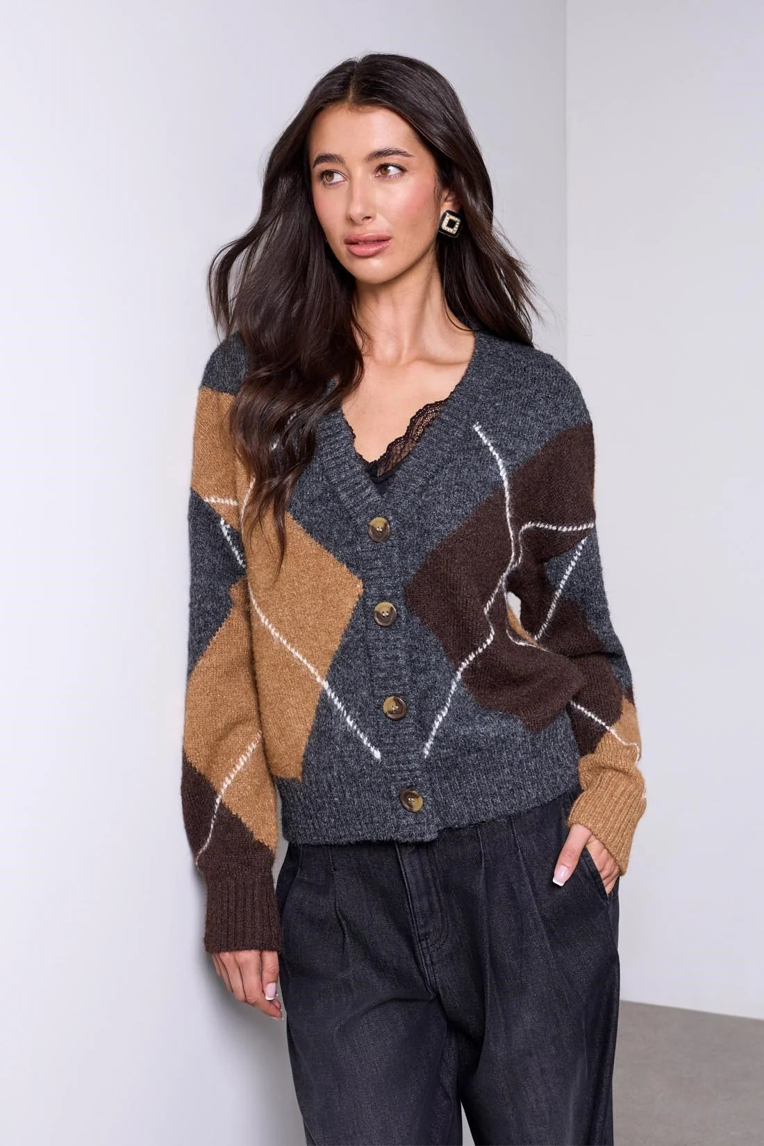 Tribal Diamond Pattern Button Front Knit Cardigan - H Charcoal