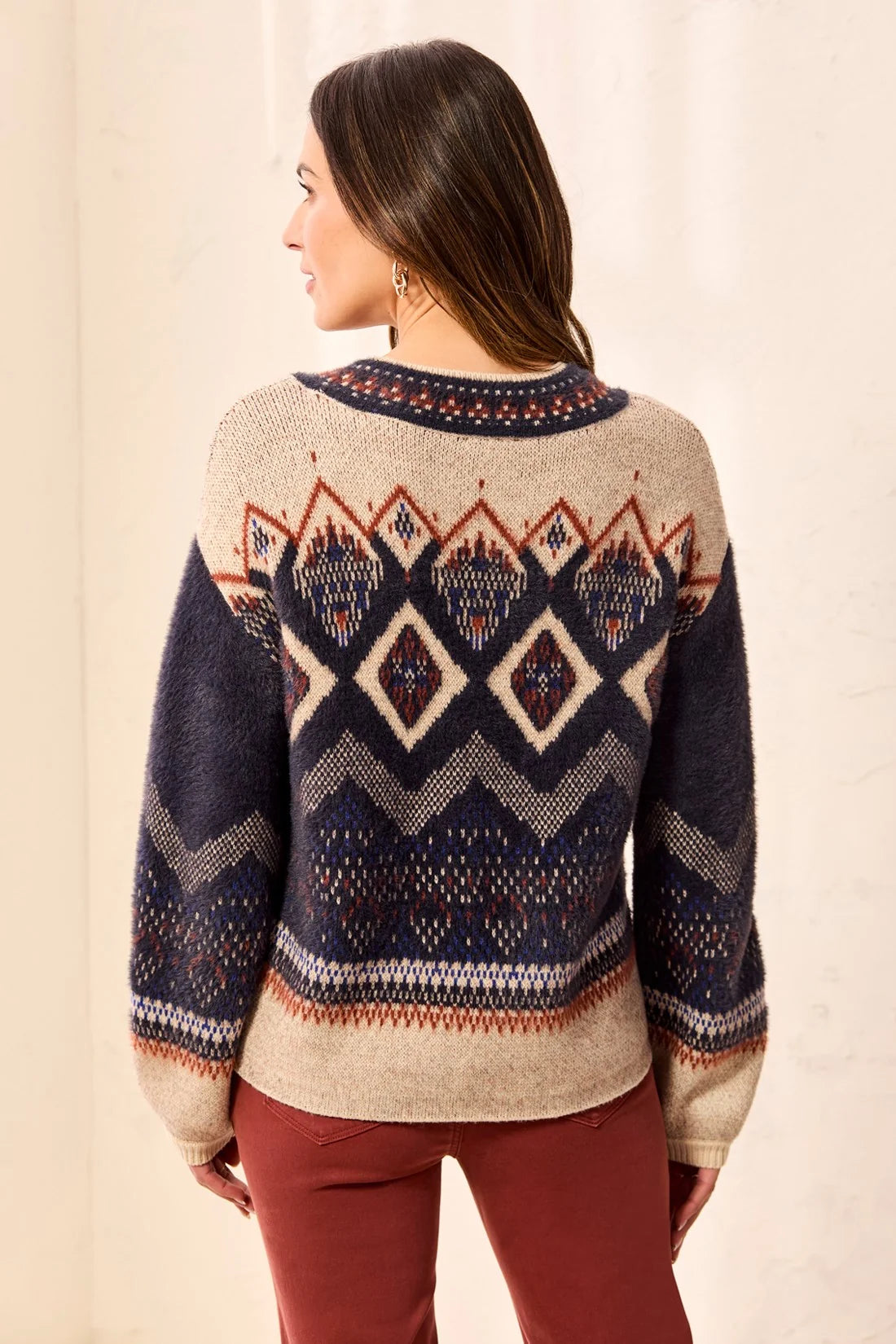 Tribal Fair Isle Mock Neck Eyelash Knit Sweater - Sapphire, view 2