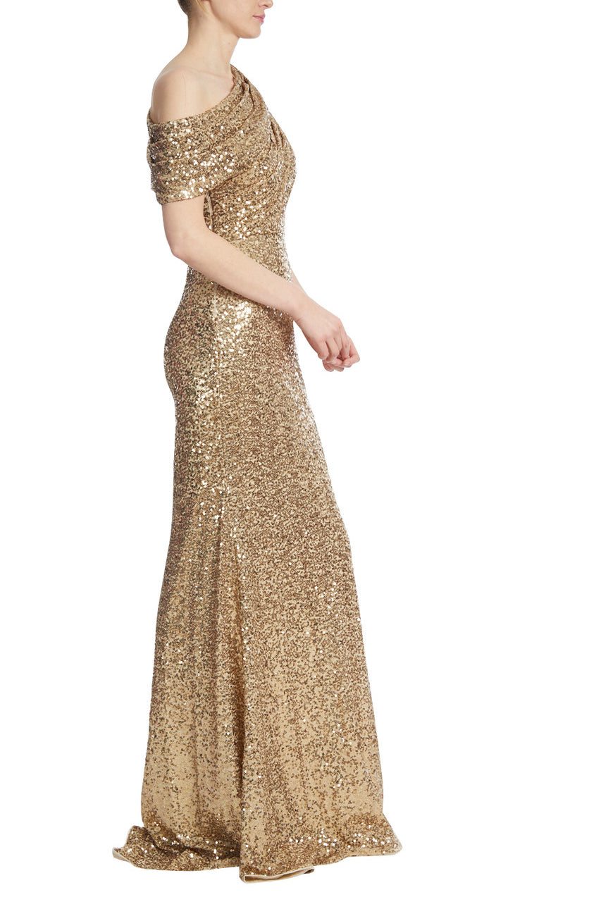 Draped One-Shoulder Sequin Gown - Gold by Badgley Mischka — alternate view