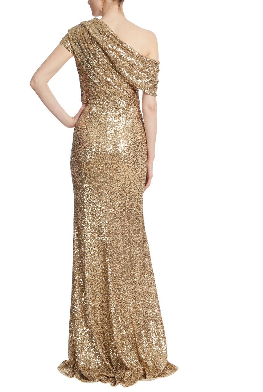 Draped One-Shoulder Sequin Gown - Gold by Badgley Mischka — view 3