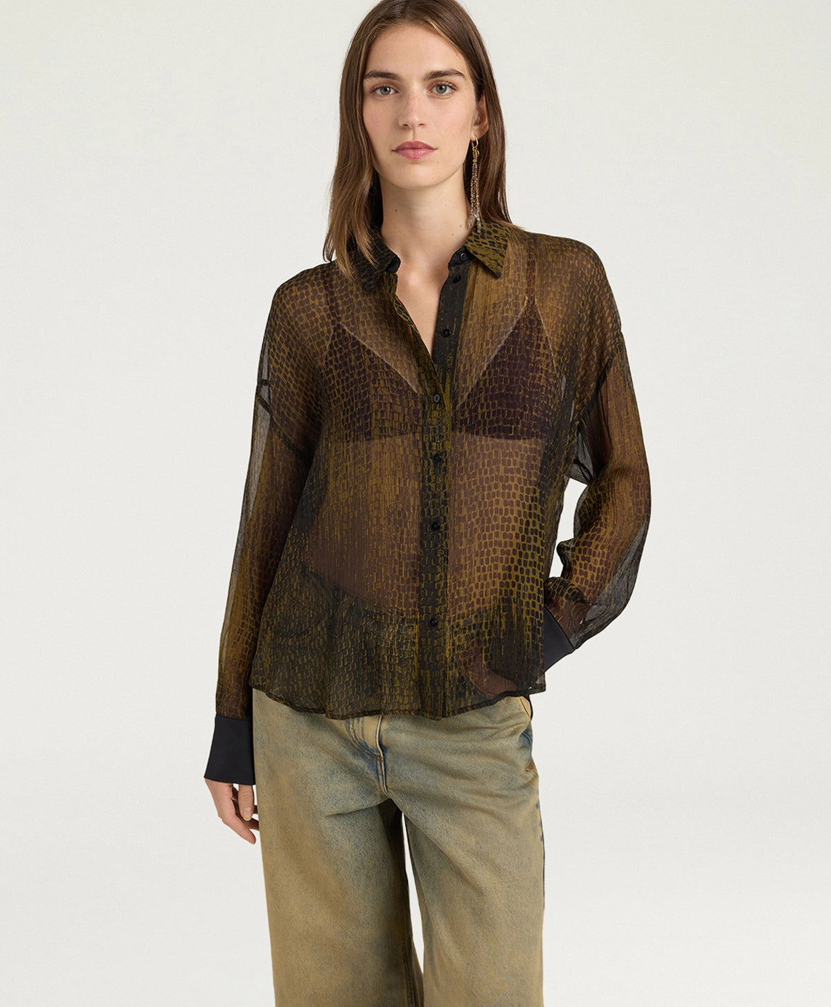 Momonì Freya Boxy Printed Silk Shirt - Bicolor Military, view 3