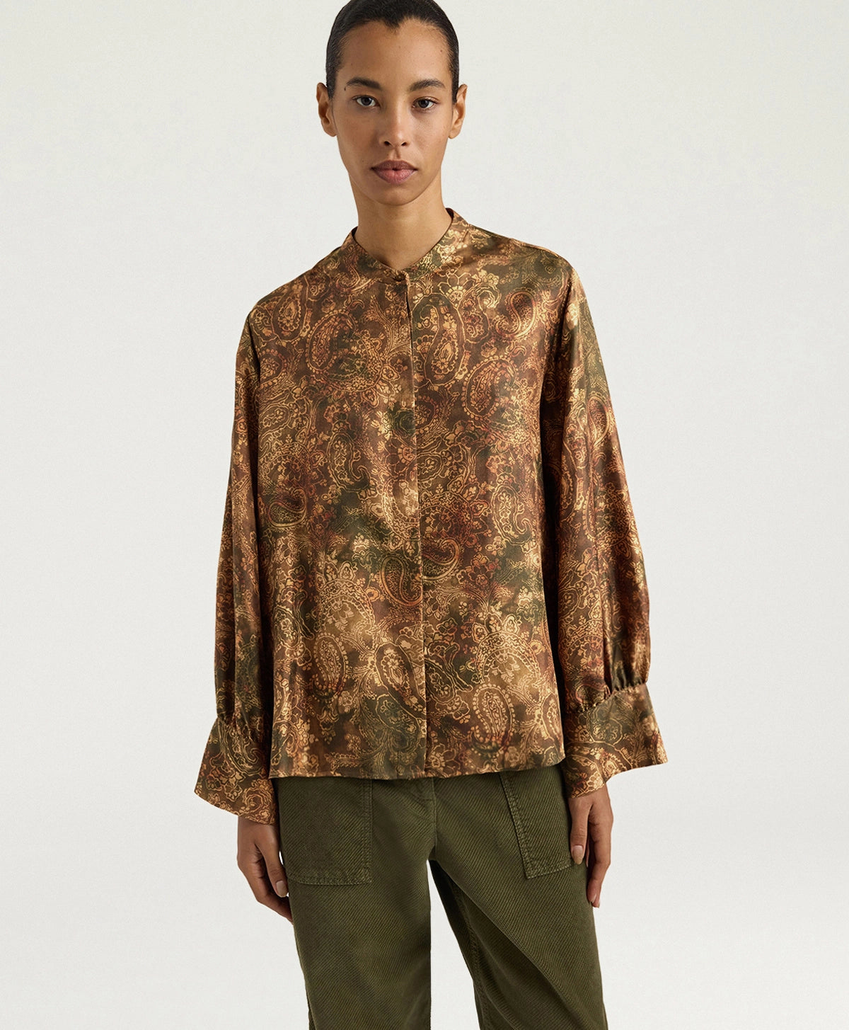 Momonì Lucy Printed Pure Silk Twill Shirt - Military Sand, view 3