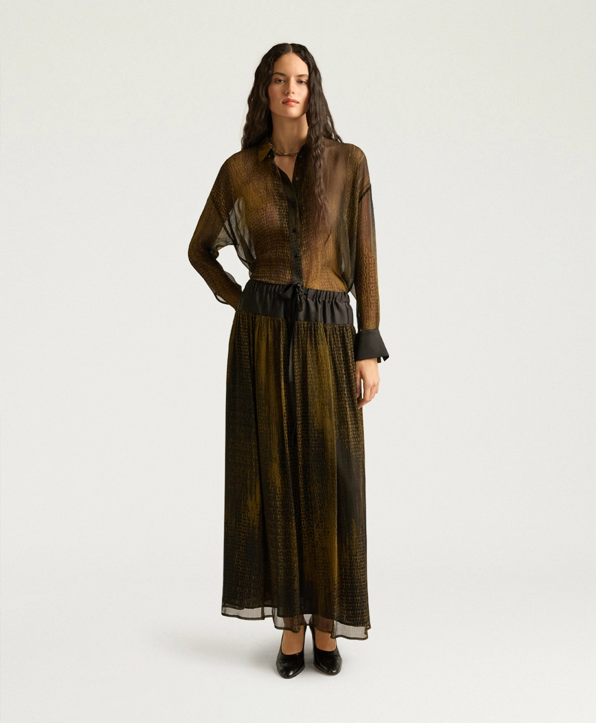 Momonì Liosa Long Bis Printed Silk Skirt - Bicolor Military, view 3