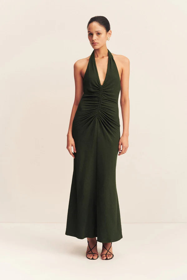 beau halter ruched midi dress Shona Joy Beau Halter Ruched Midi Dress