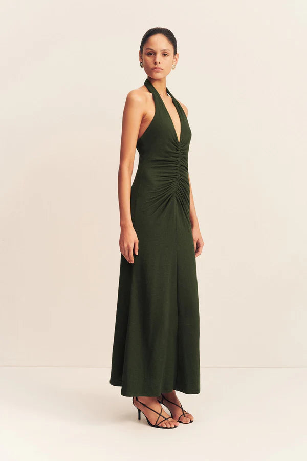 beau halter ruched midi dress SHONA JOY