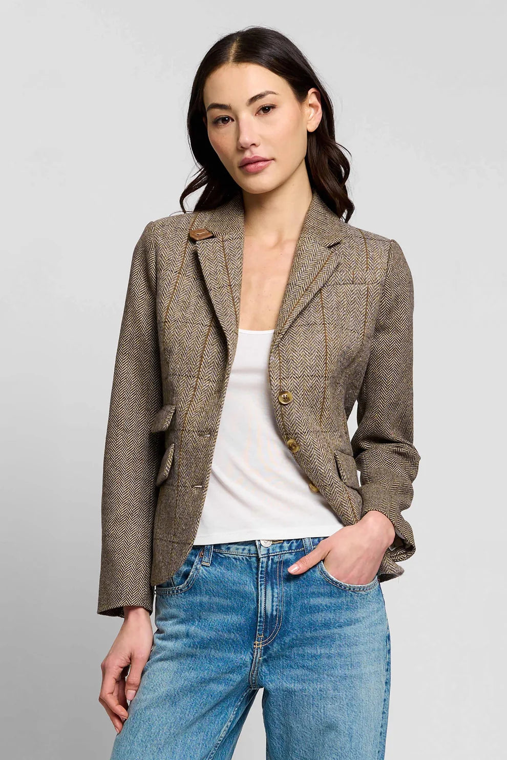 Central Park West Asher Mixed Plaid Riding Jacket - Khaki Mixed Plaid