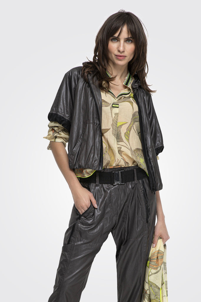 Shiny Zip Puff Collar Coat - Ebony