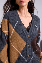 Tribal Diamond Pattern Button Front Knit Cardigan - H Charcoal, view 2