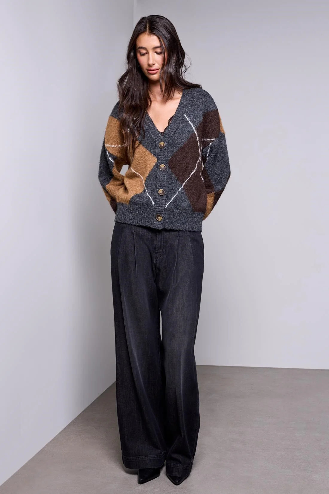 Tribal Diamond Pattern Button Front Knit Cardigan - H Charcoal, view 4
