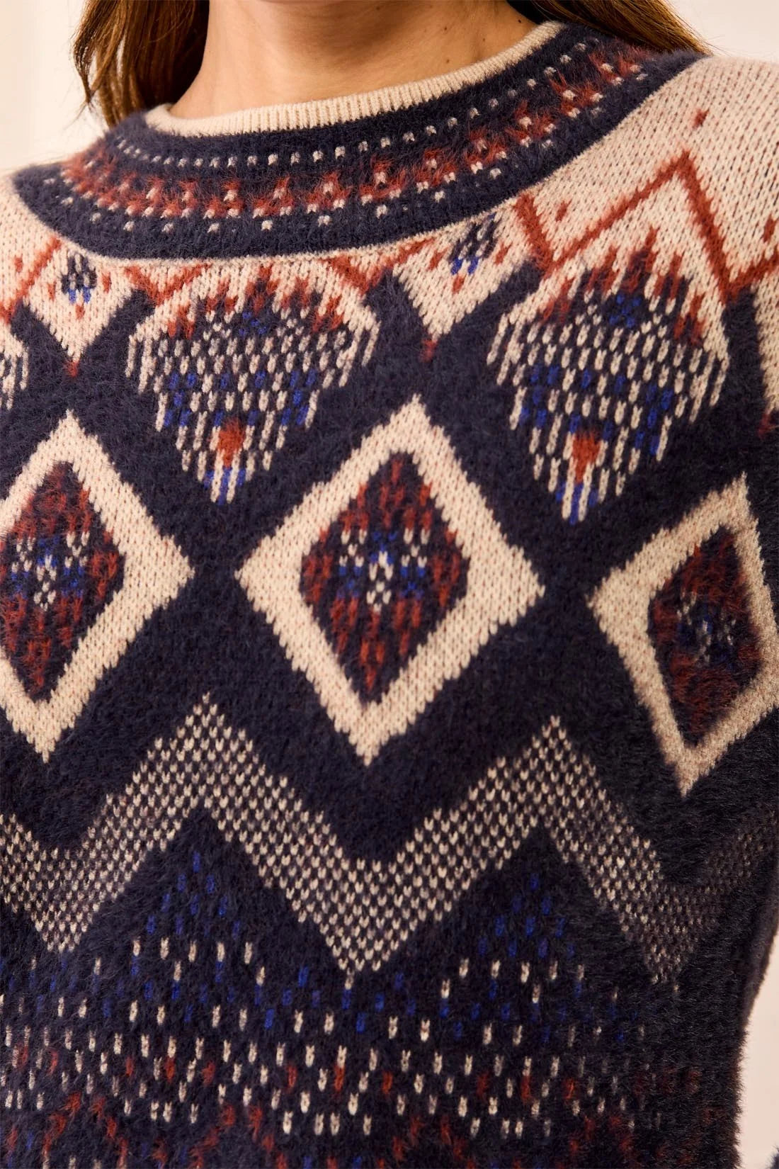 Tribal Fair Isle Mock Neck Eyelash Knit Sweater - Sapphire, view 3