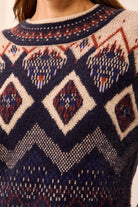 Tribal Fair Isle Mock Neck Eyelash Knit Sweater - Sapphire, view 3