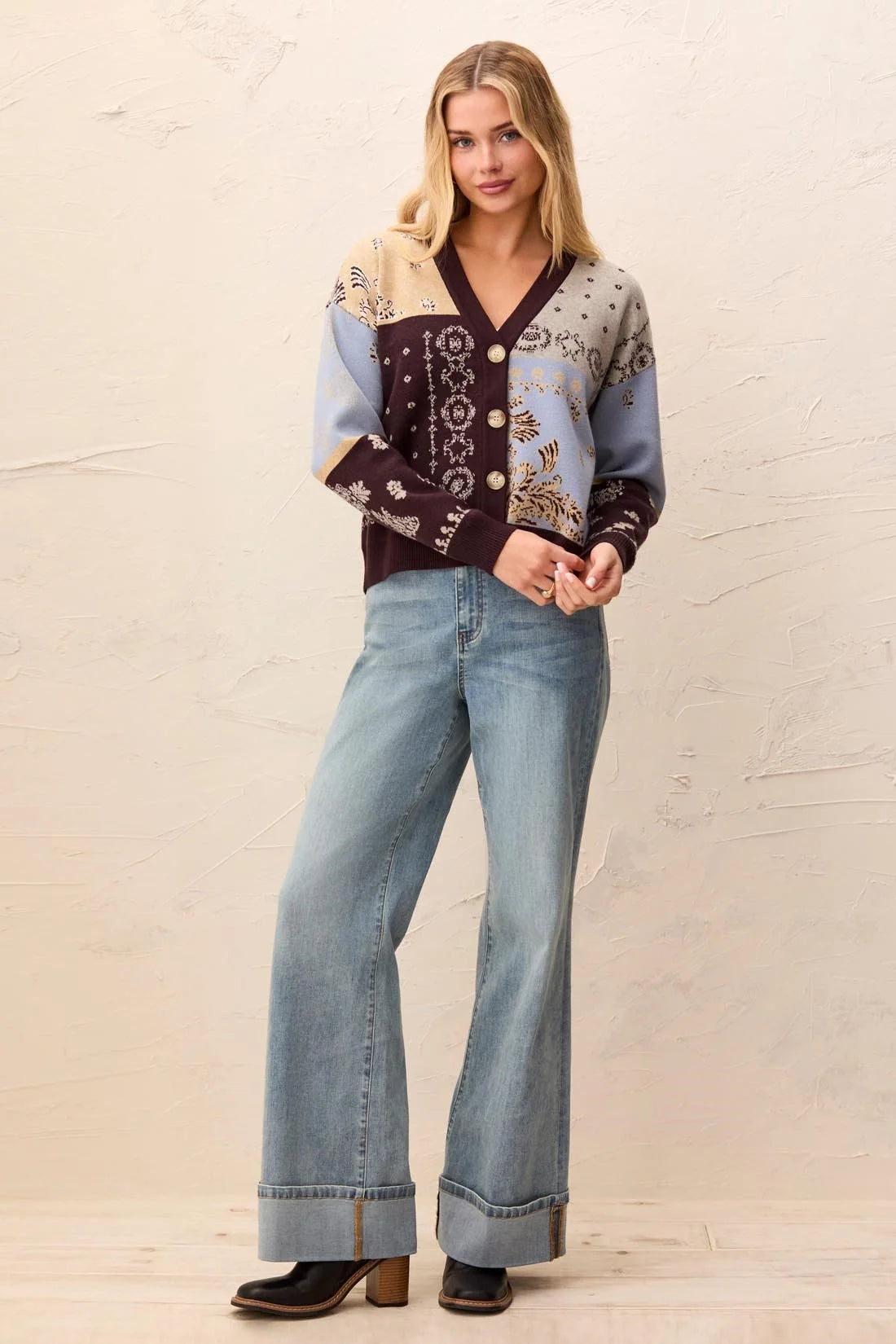 Tribal Novelty Jacquard V-Neck Sweater Cardigan - Satinsky, view 2
